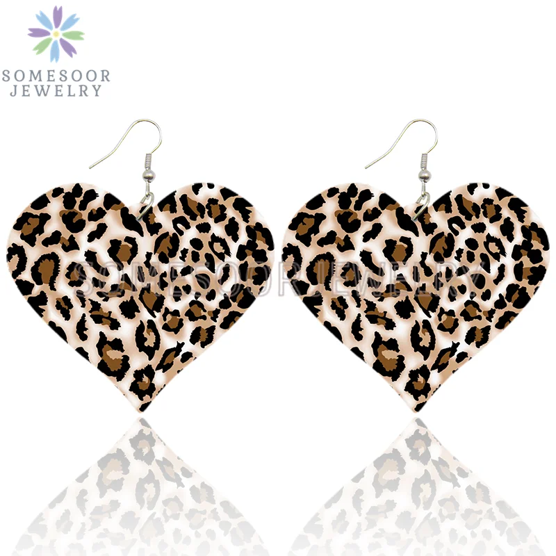 SOMESOOR Fashion Leopard Print Heart Wooden Drop Earrings For Women Black Zebra Colorful Animal Skin Pattern Wood Dangle Jewelry