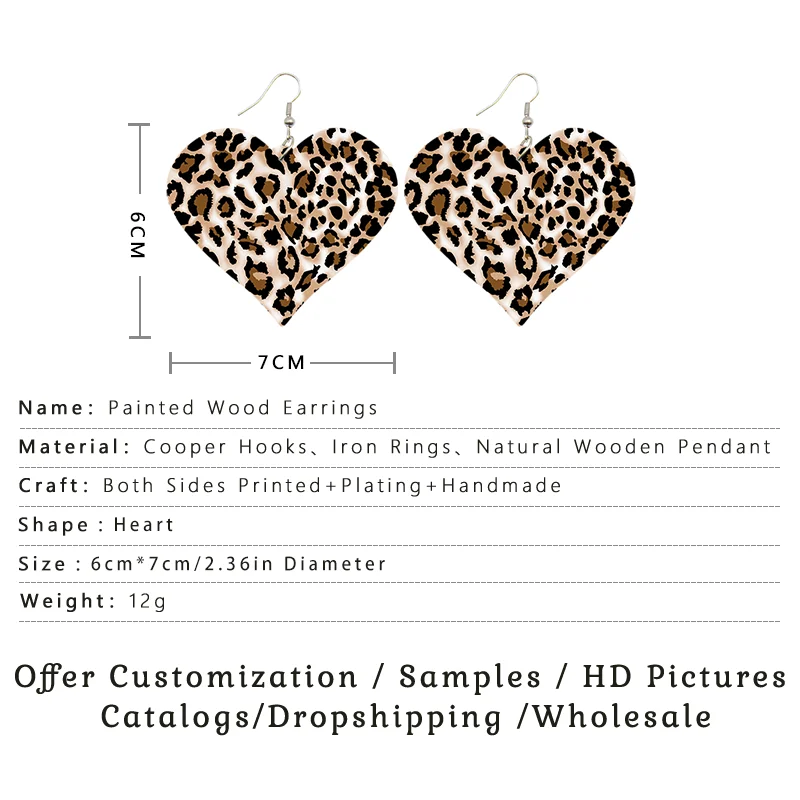 SOMESOOR Fashion Leopard Print Heart Wooden Drop Earrings For Women Black Zebra Colorful Animal Skin Pattern Wood Dangle Jewelry