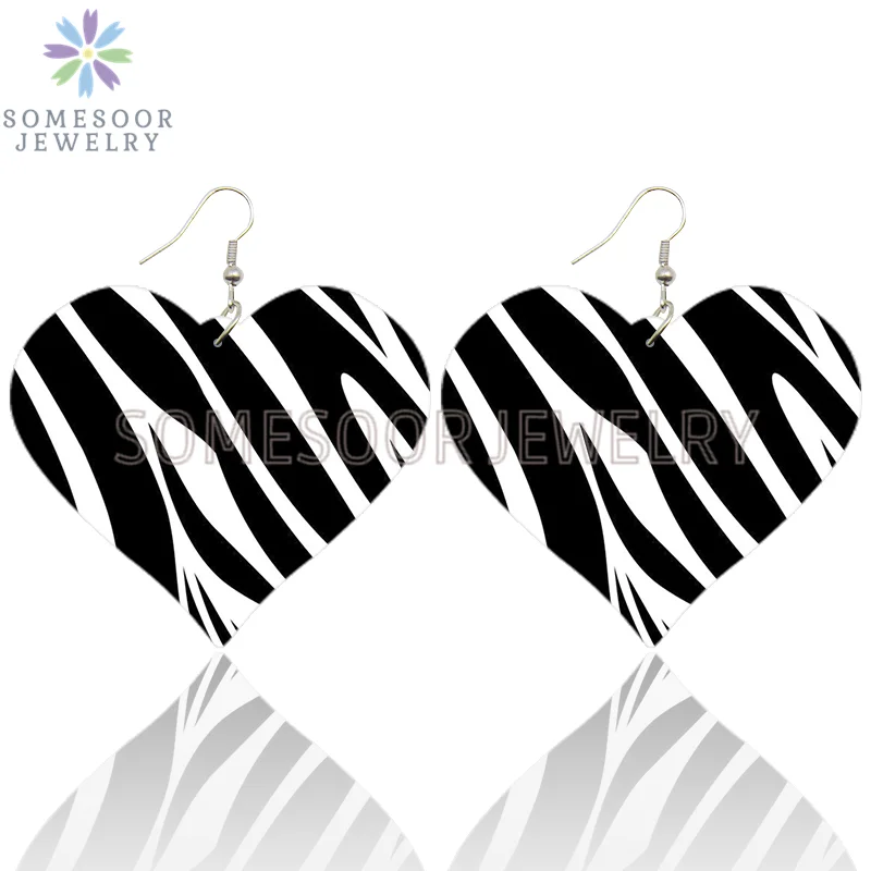 SOMESOOR Fashion Leopard Print Heart Wooden Drop Earrings For Women Black Zebra Colorful Animal Skin Pattern Wood Dangle Jewelry