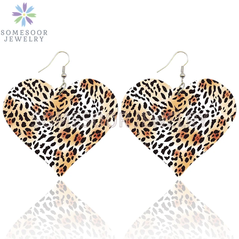 SOMESOOR Fashion Leopard Print Heart Wooden Drop Earrings For Women Black Zebra Colorful Animal Skin Pattern Wood Dangle Jewelry