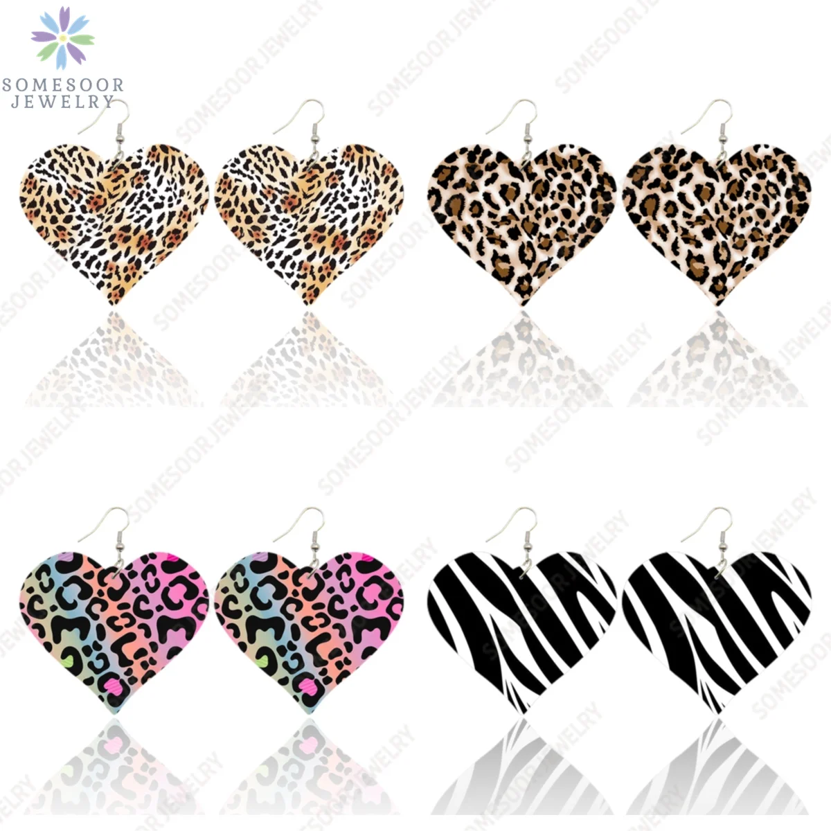 SOMESOOR Fashion Leopard Print Heart Wooden Drop Earrings For Women Black Zebra Colorful Animal Skin Pattern Wood Dangle Jewelry