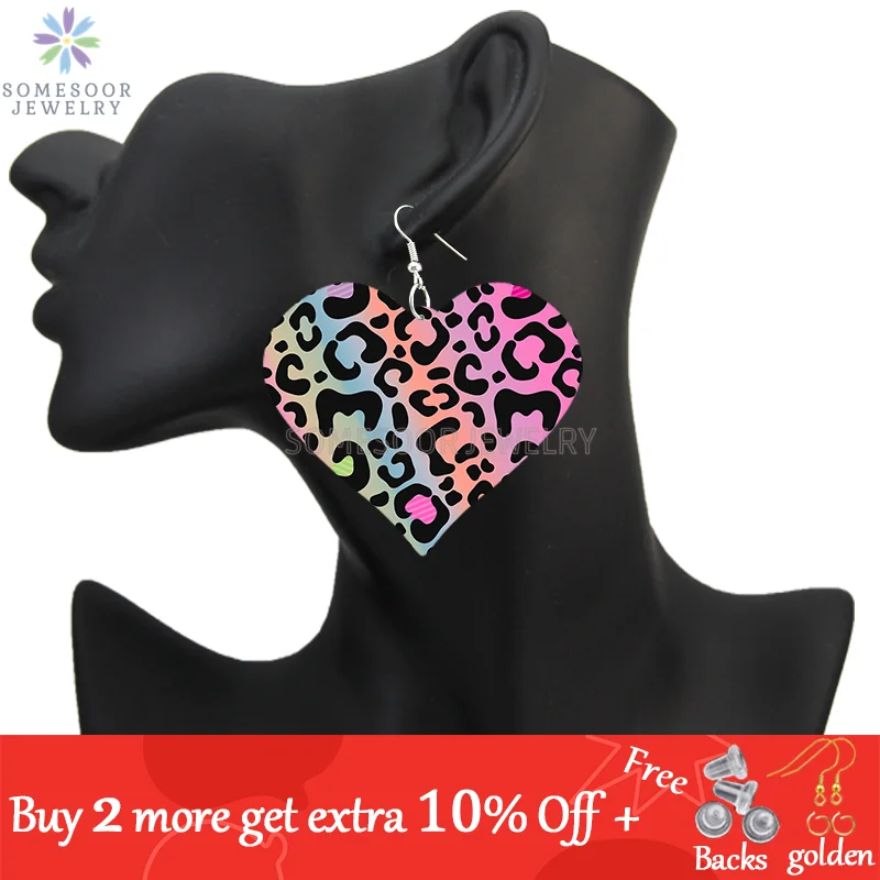 SOMESOOR Fashion Leopard Print Heart Wooden Drop Earrings For Women Black Zebra Colorful Animal Skin Pattern Wood Dangle Jewelry