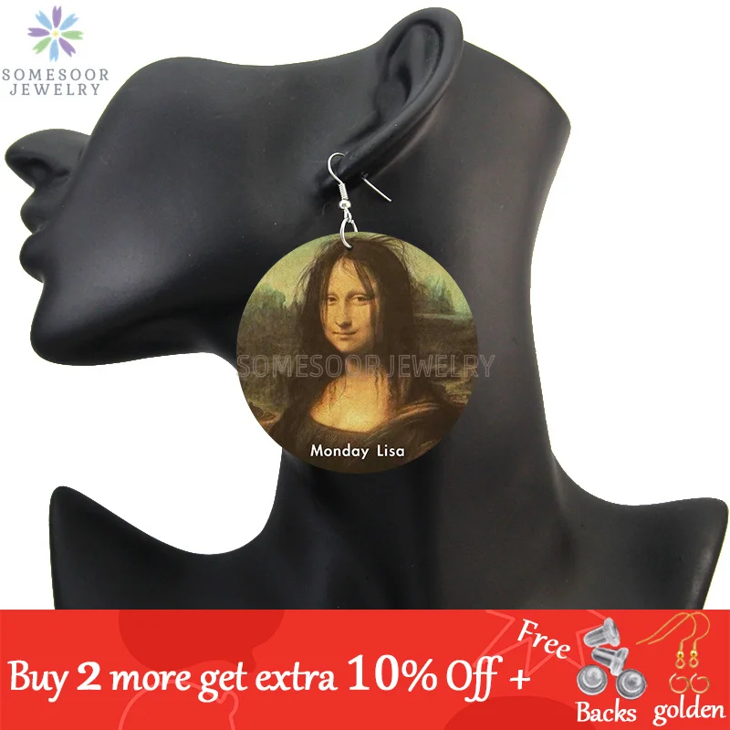 SOMESOOR Vintage Mona Lisa Girl Wooden Drop Earrings Da Vfor Art Painting Geometric Wood Loops Dangle Jewelry For Women Gifts