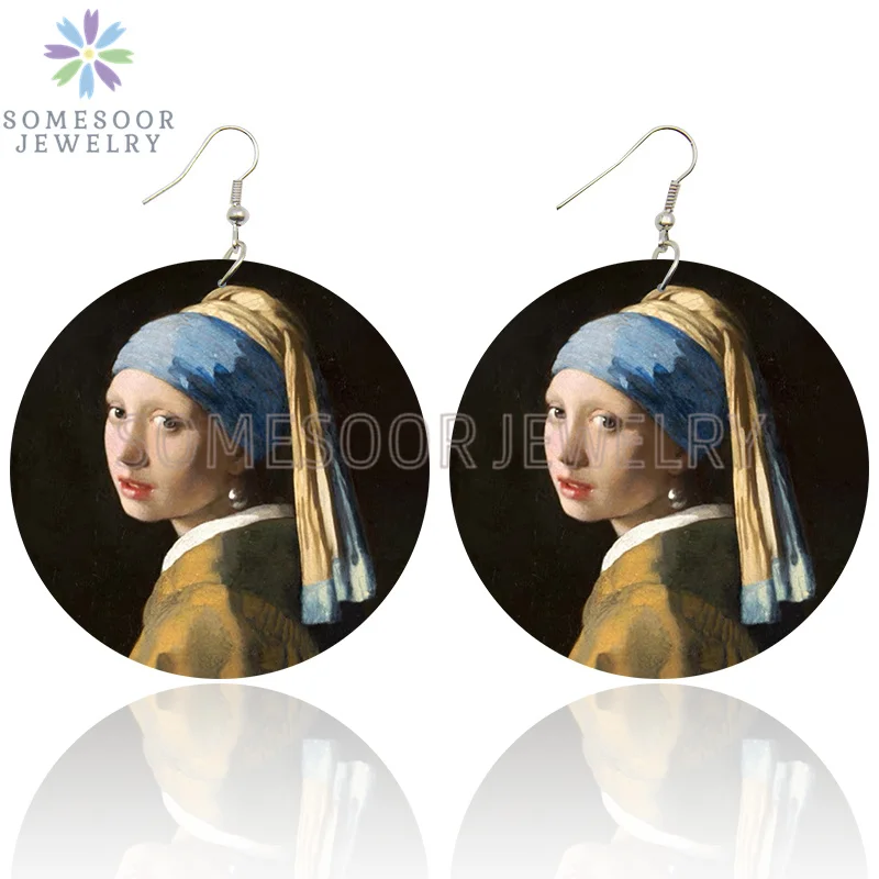 SOMESOOR Vintage Mona Lisa Girl Wooden Drop Earrings Da Vfor Art Painting Geometric Wood Loops Dangle Jewelry For Women Gifts