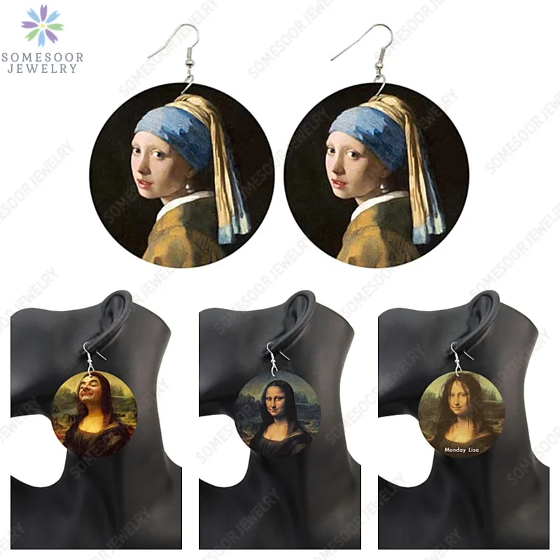 SOMESOOR Vintage Mona Lisa Girl Wooden Drop Earrings Da Vfor Art Painting Geometric Wood Loops Dangle Jewelry For Women Gifts