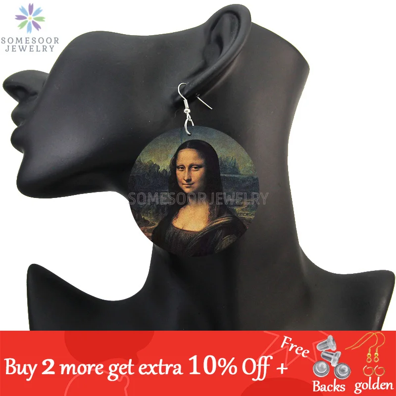 SOMESOOR Vintage Mona Lisa Girl Wooden Drop Earrings Da Vfor Art Painting Geometric Wood Loops Dangle Jewelry For Women Gifts