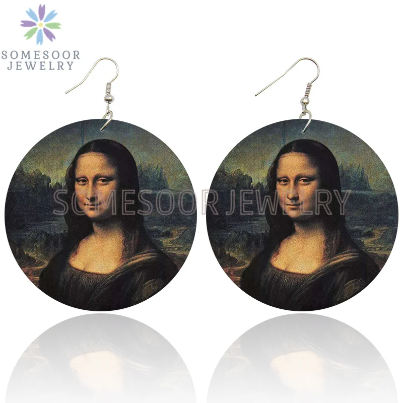 SOMESOOR Vintage Mona Lisa Girl Wooden Drop Earrings Da Vfor Art Painting Geometric Wood Loops Dangle Jewelry For Women Gifts