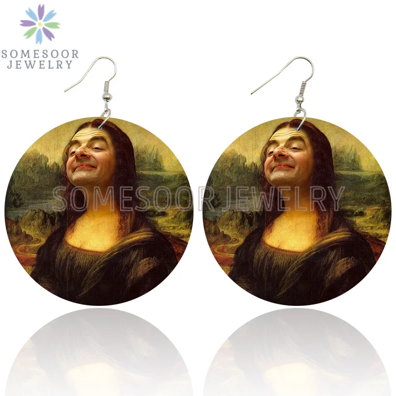 SOMESOOR Vintage Mona Lisa Girl Wooden Drop Earrings Da Vfor Art Painting Geometric Wood Loops Dangle Jewelry For Women Gifts
