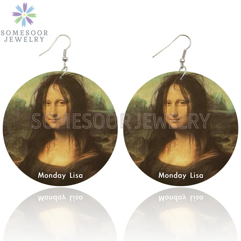 SOMESOOR Vintage Mona Lisa Girl Wooden Drop Earrings Da Vfor Art Painting Geometric Wood Loops Dangle Jewelry For Women Gifts
