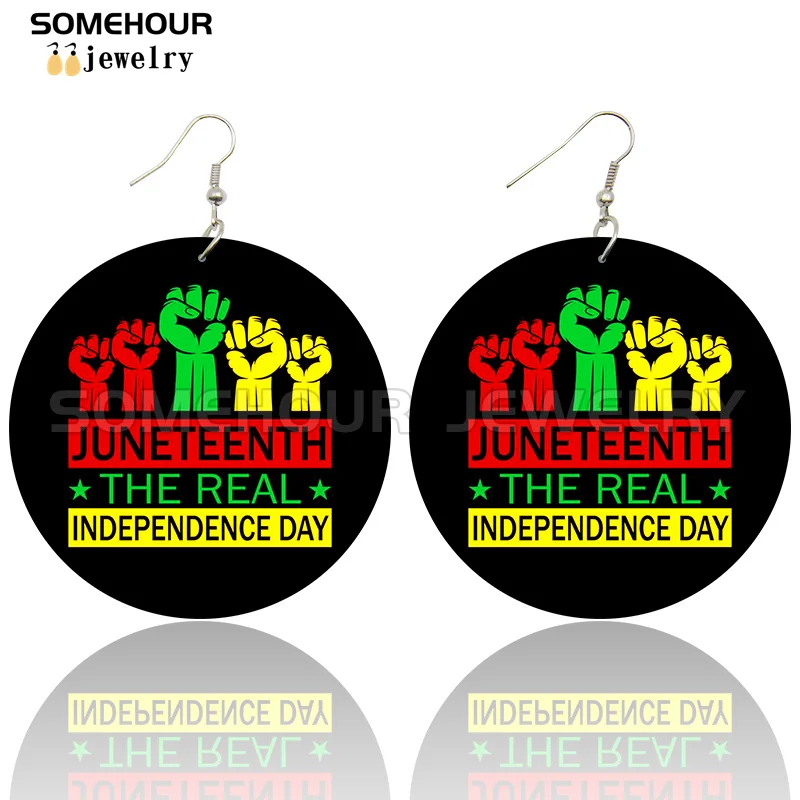 SOMEHOUR Freeish Since 1865 Juneteenth Art Print Wooden Drop Earrings For Women Young Black Independence Day Wood Loops Dangle
