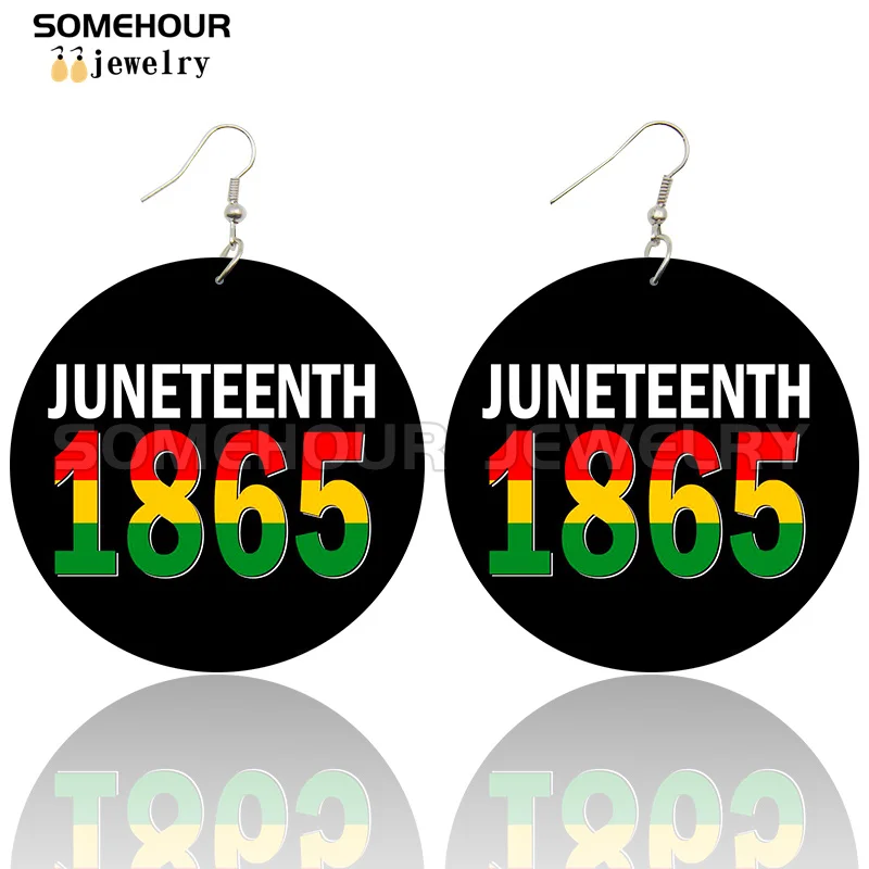 SOMEHOUR Freeish Since 1865 Juneteenth Art Print Wooden Drop Earrings For Women Young Black Independence Day Wood Loops Dangle