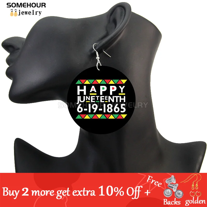 SOMEHOUR Freeish Since 1865 Juneteenth Art Print Wooden Drop Earrings For Women Young Black Independence Day Wood Loops Dangle