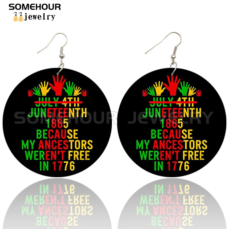 SOMEHOUR Freeish Since 1865 Juneteenth Art Print Wooden Drop Earrings For Women Young Black Independence Day Wood Loops Dangle