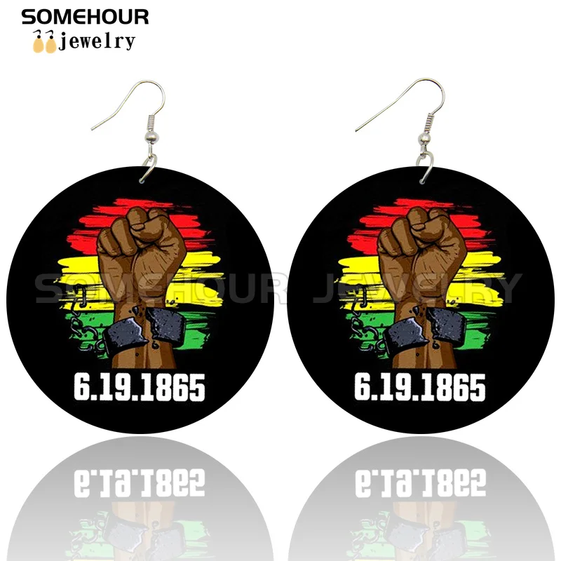 SOMEHOUR Freeish Since 1865 Juneteenth Art Print Wooden Drop Earrings For Women Young Black Independence Day Wood Loops Dangle