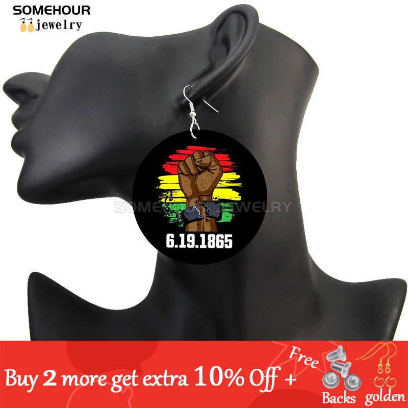 SOMEHOUR Freeish Since 1865 Juneteenth Art Print Wooden Drop Earrings For Women Young Black Independence Day Wood Loops Dangle