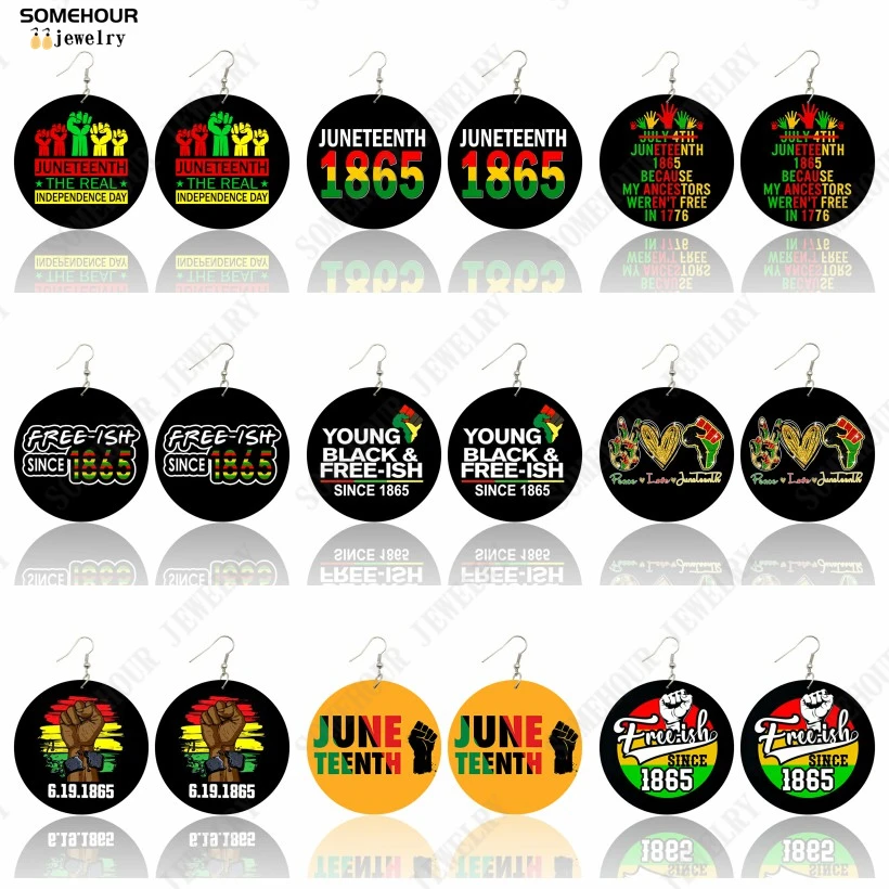 SOMEHOUR Freeish Since 1865 Juneteenth Art Print Wooden Drop Earrings For Women Young Black Independence Day Wood Loops Dangle