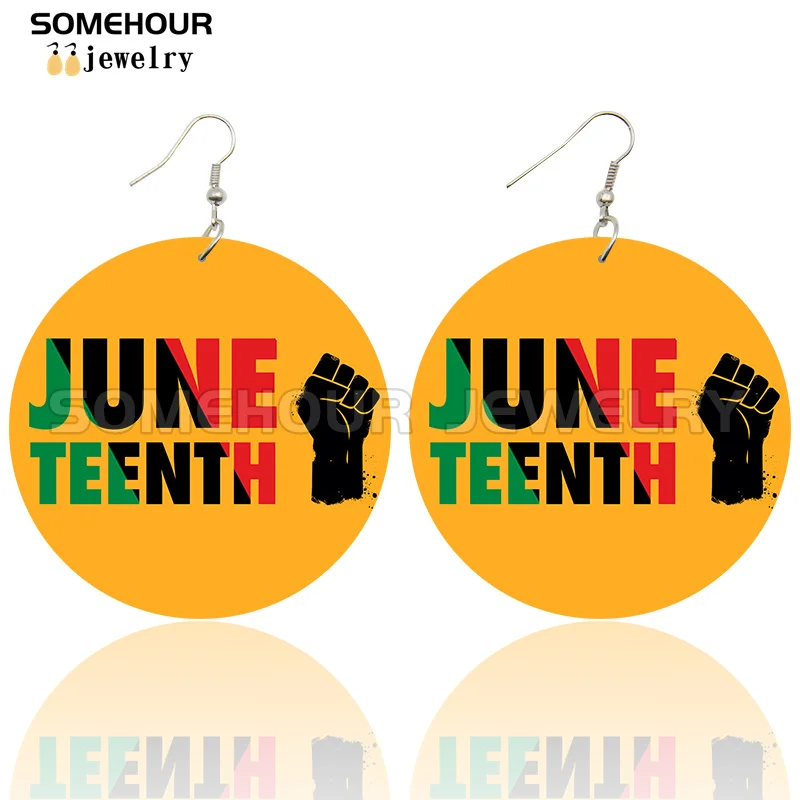 SOMEHOUR Freeish Since 1865 Juneteenth Art Print Wooden Drop Earrings For Women Young Black Independence Day Wood Loops Dangle