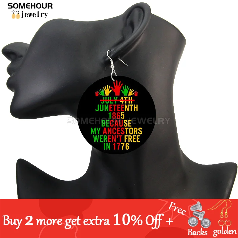 SOMEHOUR Freeish Since 1865 Juneteenth Art Print Wooden Drop Earrings For Women Young Black Independence Day Wood Loops Dangle