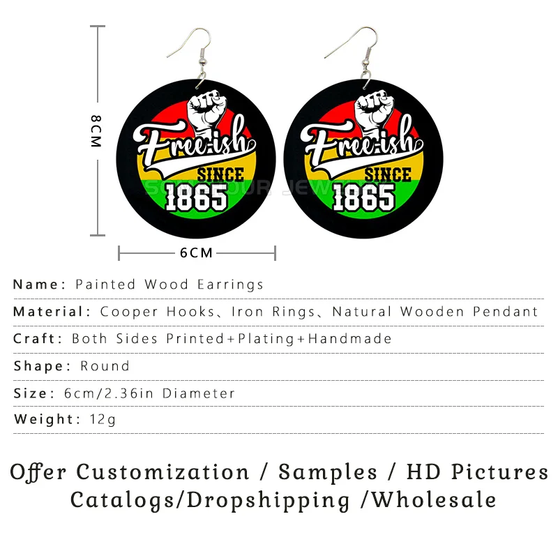 SOMEHOUR Freeish Since 1865 Juneteenth Art Print Wooden Drop Earrings For Women Young Black Independence Day Wood Loops Dangle