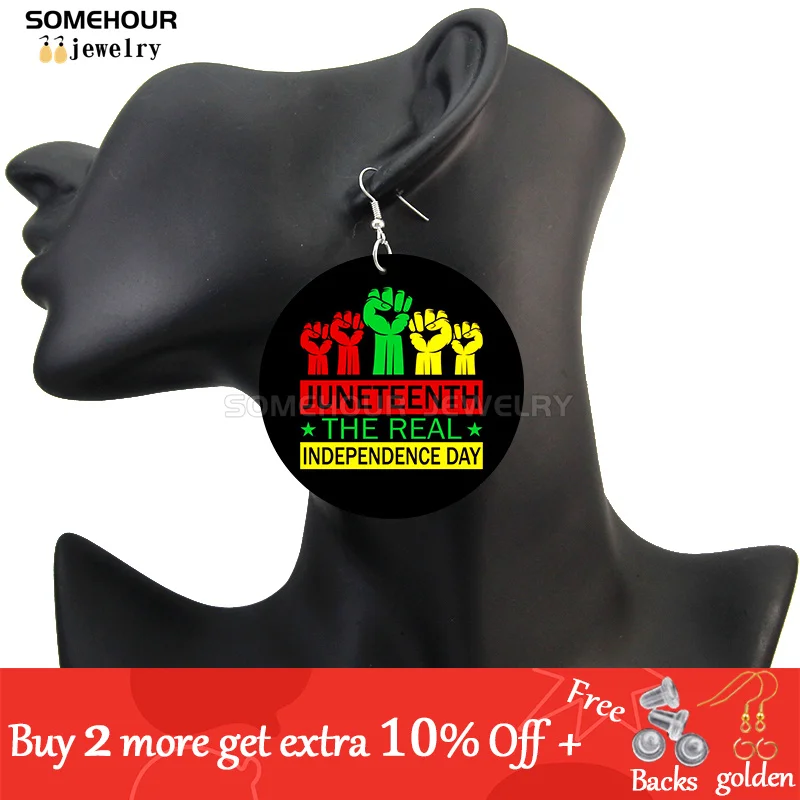 SOMEHOUR Freeish Since 1865 Juneteenth Art Print Wooden Drop Earrings For Women Young Black Independence Day Wood Loops Dangle