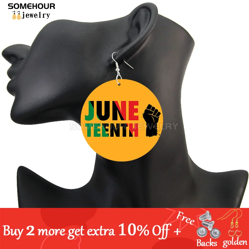 SOMEHOUR Freeish Since 1865 Juneteenth Art Print Wooden Drop Earrings For Women Young Black Independence Day Wood Loops Dangle