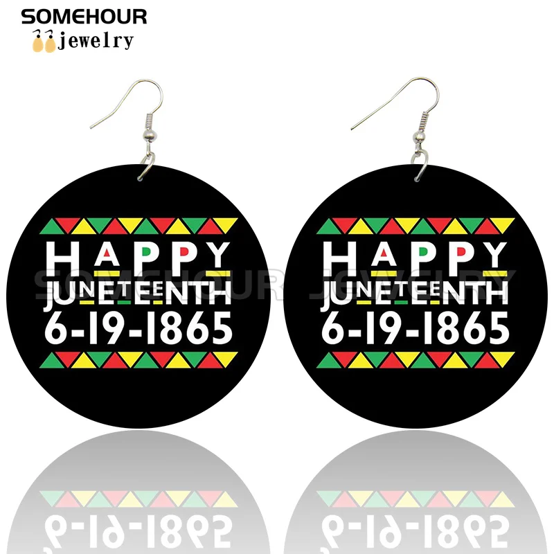 SOMEHOUR Freeish Since 1865 Juneteenth Art Print Wooden Drop Earrings For Women Young Black Independence Day Wood Loops Dangle