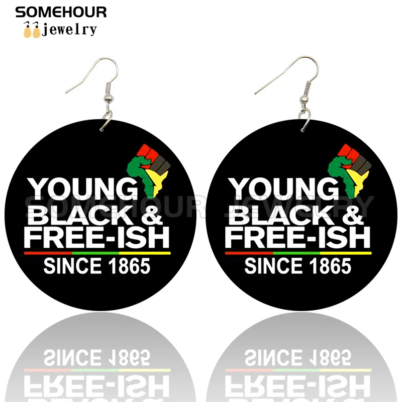 SOMEHOUR Freeish Since 1865 Juneteenth Art Print Wooden Drop Earrings For Women Young Black Independence Day Wood Loops Dangle