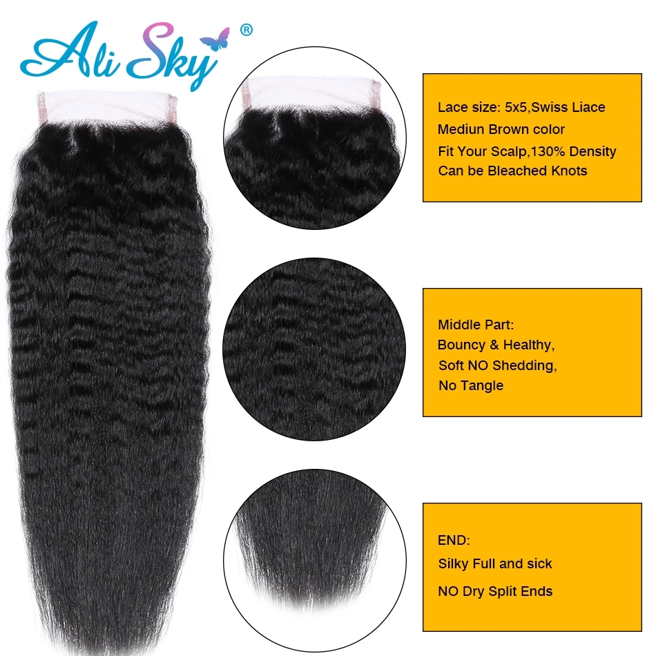 Kinky Straight Human Hair 3Bundles With 4x4 5x5 Closure Long 30inch Yaki Straight Bunldes With a Frontal 13x4 tissage bresilien