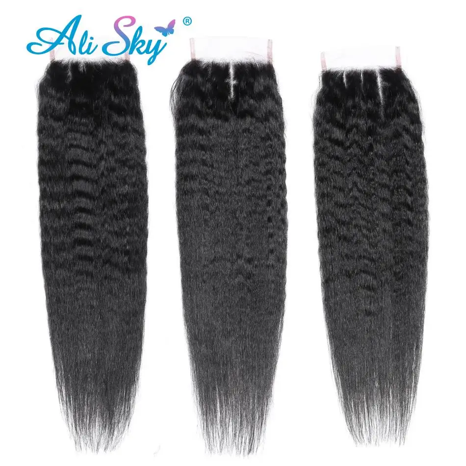 Kinky Straight Human Hair 3Bundles With 4x4 5x5 Closure Long 30inch Yaki Straight Bunldes With a Frontal 13x4 tissage bresilien