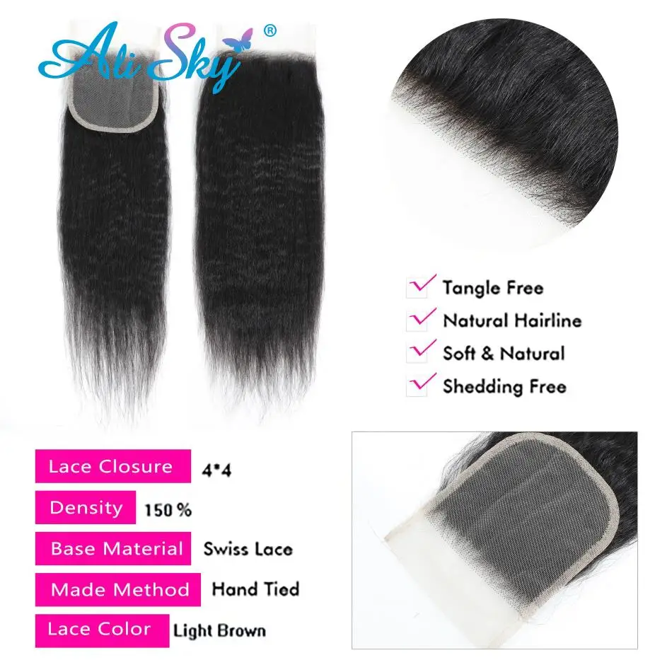 Kinky Straight Human Hair 3Bundles With 4x4 5x5 Closure Long 30inch Yaki Straight Bunldes With a Frontal 13x4 tissage bresilien