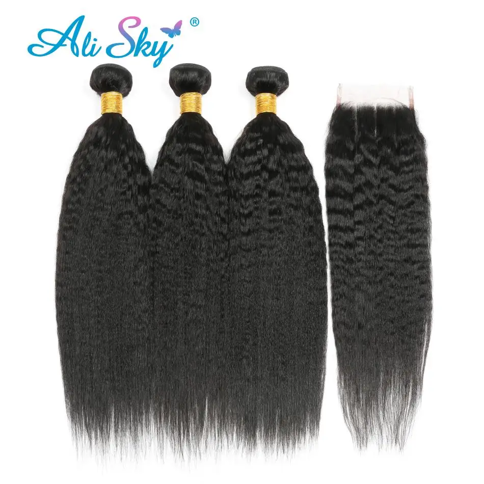 Kinky Straight Human Hair 3Bundles With 4x4 5x5 Closure Long 30inch Yaki Straight Bunldes With a Frontal 13x4 tissage bresilien