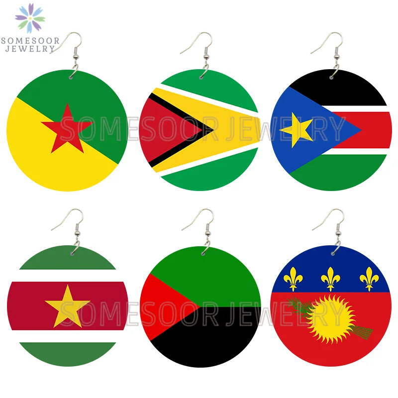 SOMESOOR National Coutry Flag Printed Wooden Drop Earrings Guadeloupe French Guiana France Provinces Loops Dangle For Women Gift