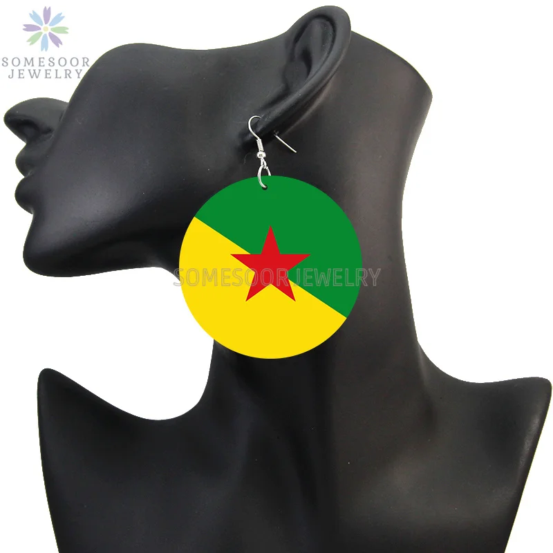 SOMESOOR National Coutry Flag Printed Wooden Drop Earrings Guadeloupe French Guiana France Provinces Loops Dangle For Women Gift