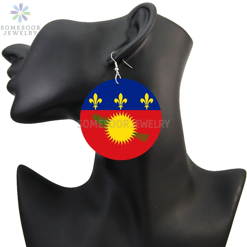 SOMESOOR National Coutry Flag Printed Wooden Drop Earrings Guadeloupe French Guiana France Provinces Loops Dangle For Women Gift