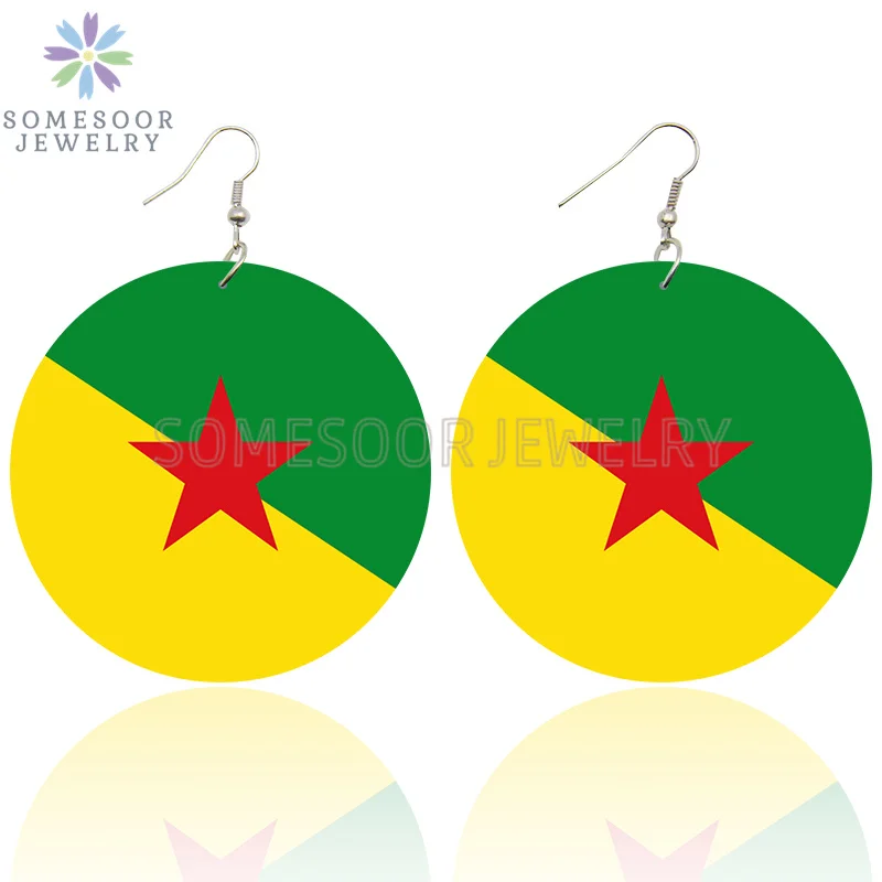 SOMESOOR National Coutry Flag Printed Wooden Drop Earrings Guadeloupe French Guiana France Provinces Loops Dangle For Women Gift