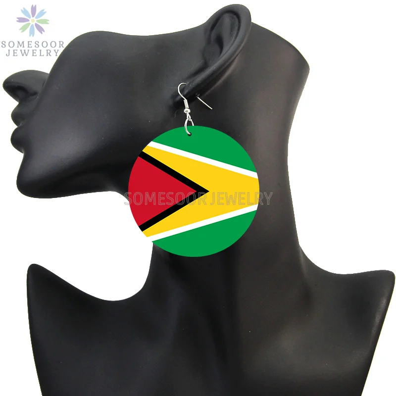 SOMESOOR National Coutry Flag Printed Wooden Drop Earrings Guadeloupe French Guiana France Provinces Loops Dangle For Women Gift