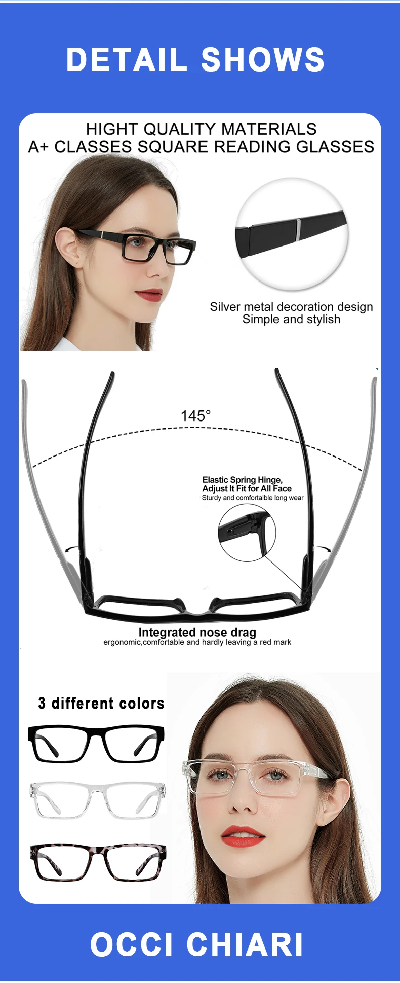 OCCI CHIARI Stylish Reading Glasses Women Luxury Brand Square Presbyopia Eyeglasses Frames Female Reader Glasses 1 1.5 2 2.5 3