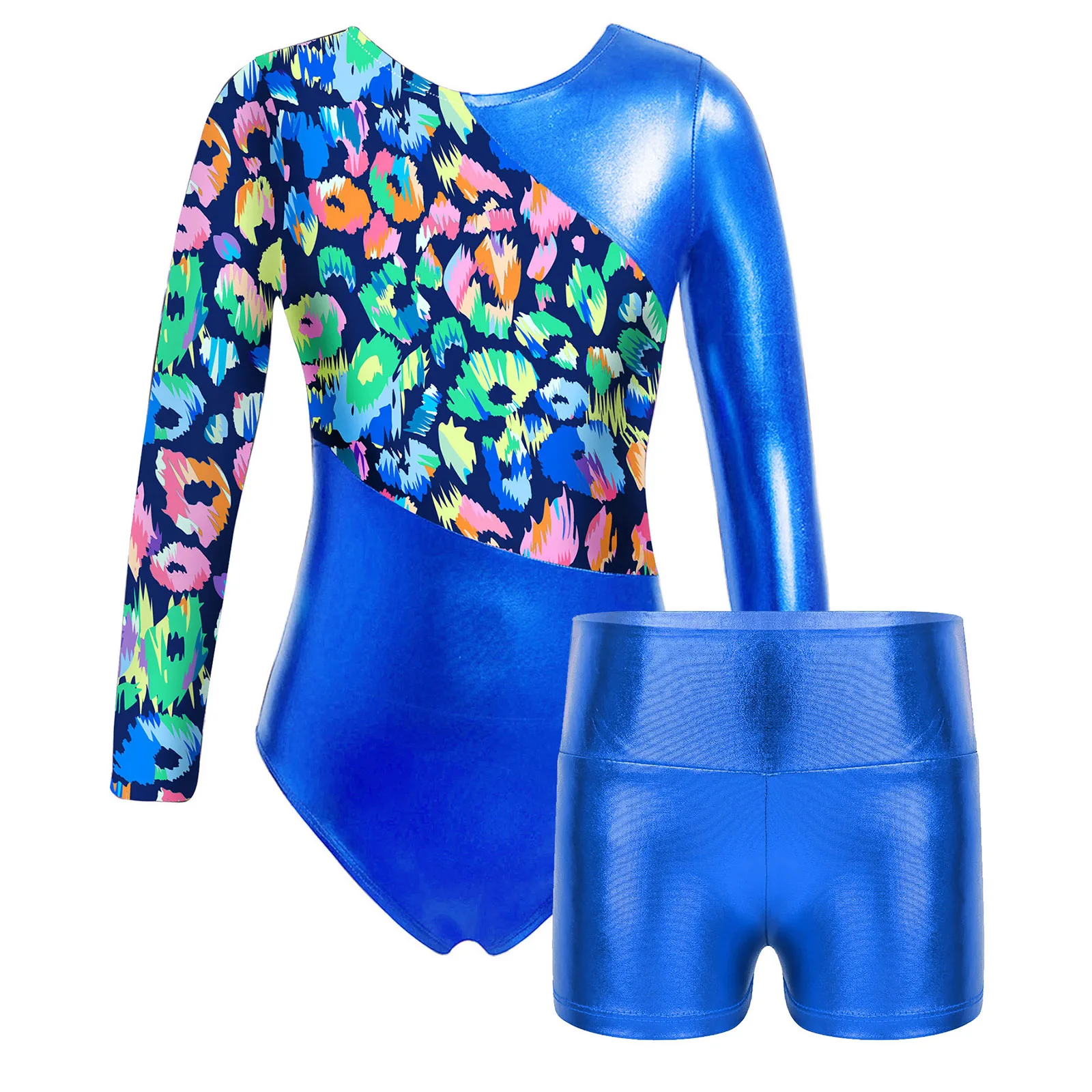 Kids Girls Long Sleeves Cartoon Print Sports Gymnastics Workot Bodysuit Choldren Patchwork Ballet Dance Leotard Jumpsuit Romper