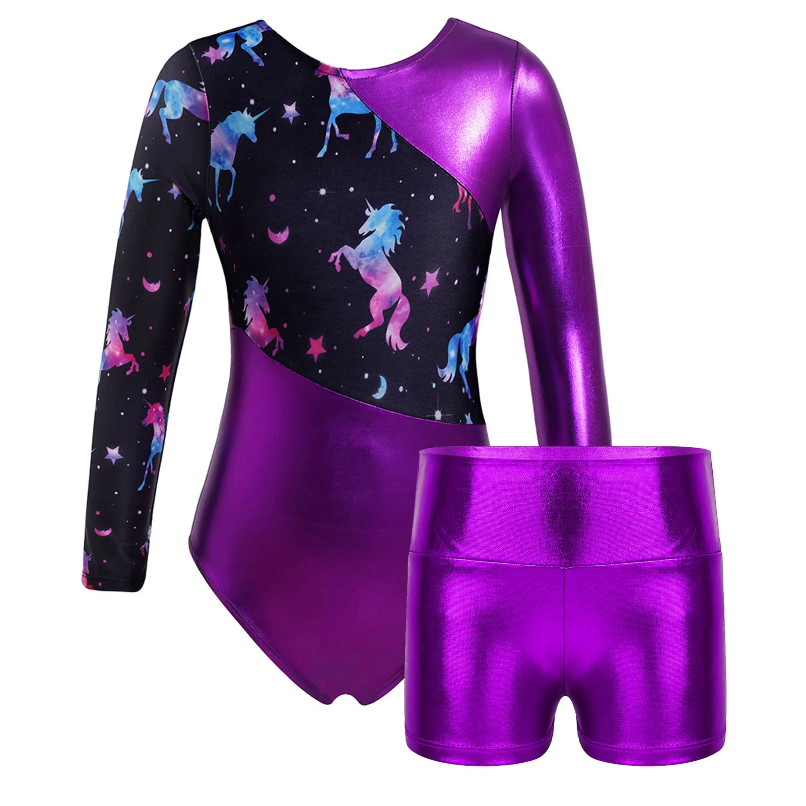 Kids Girls Long Sleeves Cartoon Print Sports Gymnastics Workot Bodysuit Choldren Patchwork Ballet Dance Leotard Jumpsuit Romper