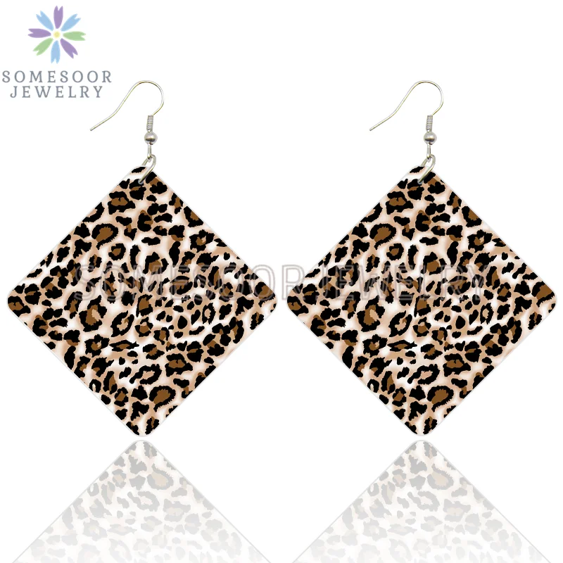 SOMESOOR Leopard Fur Seamless Print Wooden Drop Earrings Black Zebra Cheetah Animal Skin Designs Women Square Dangle Jewelry