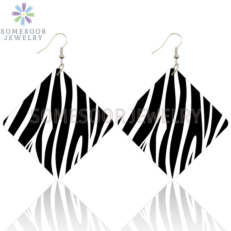 SOMESOOR Leopard Fur Seamless Print Wooden Drop Earrings Black Zebra Cheetah Animal Skin Designs Women Square Dangle Jewelry