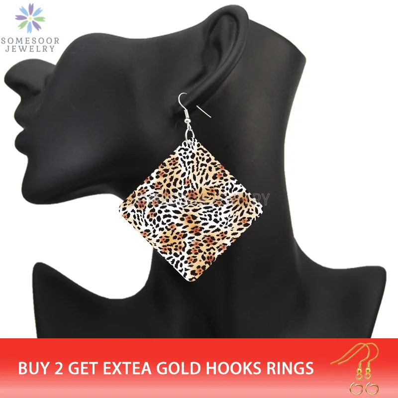 SOMESOOR Leopard Fur Seamless Print Wooden Drop Earrings Black Zebra Cheetah Animal Skin Designs Women Square Dangle Jewelry