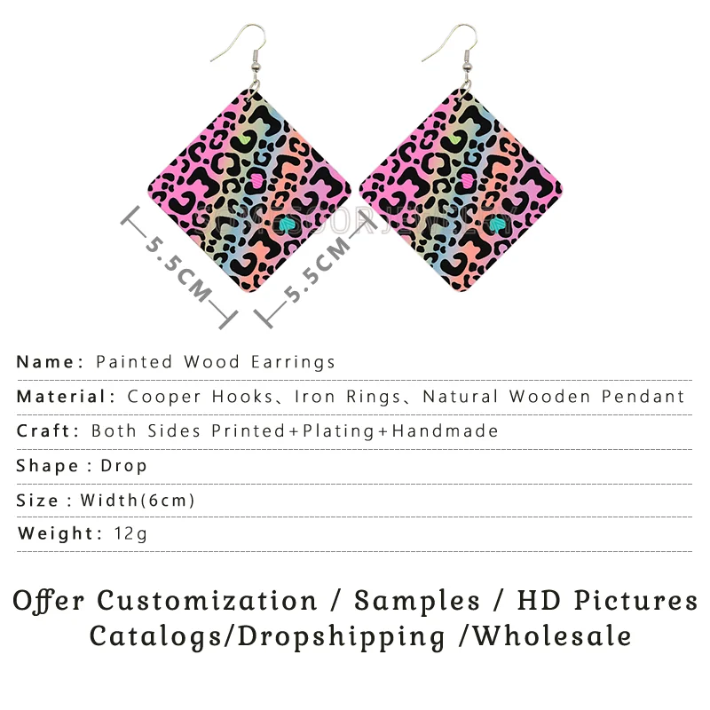 SOMESOOR Leopard Fur Seamless Print Wooden Drop Earrings Black Zebra Cheetah Animal Skin Designs Women Square Dangle Jewelry
