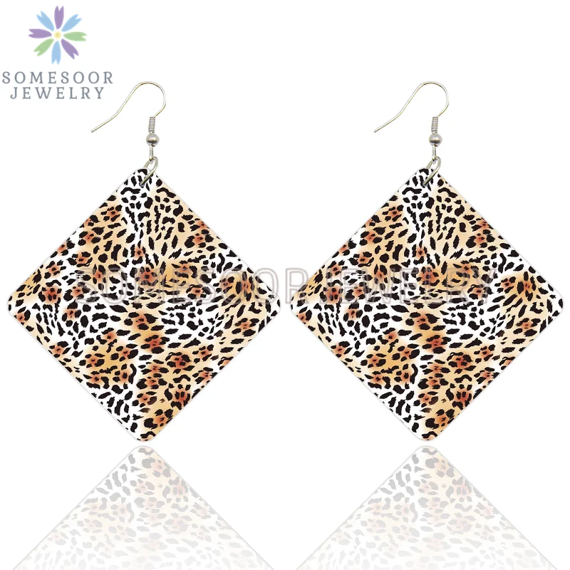 SOMESOOR Leopard Fur Seamless Print Wooden Drop Earrings Black Zebra Cheetah Animal Skin Designs Women Square Dangle Jewelry