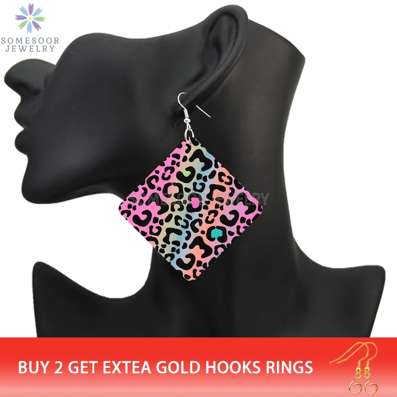 SOMESOOR Leopard Fur Seamless Print Wooden Drop Earrings Black Zebra Cheetah Animal Skin Designs Women Square Dangle Jewelry