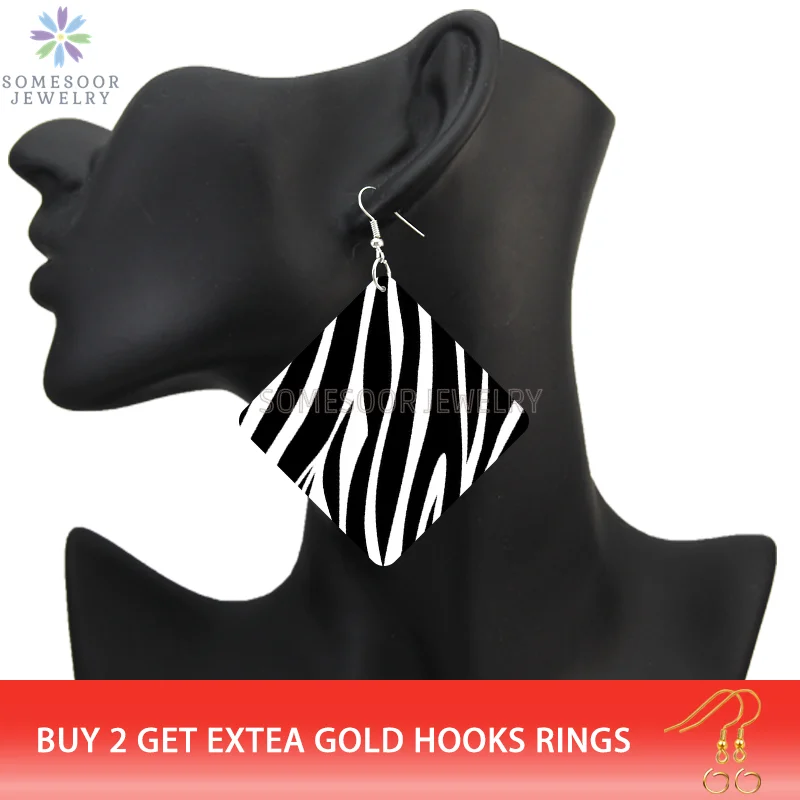 SOMESOOR Leopard Fur Seamless Print Wooden Drop Earrings Black Zebra Cheetah Animal Skin Designs Women Square Dangle Jewelry