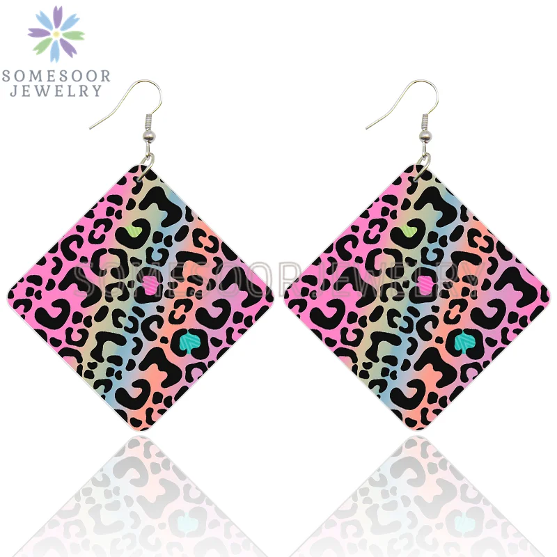 SOMESOOR Leopard Fur Seamless Print Wooden Drop Earrings Black Zebra Cheetah Animal Skin Designs Women Square Dangle Jewelry