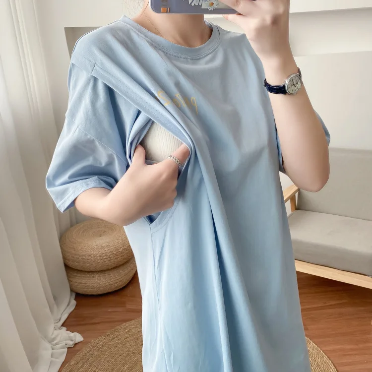 Mom Pregnant Summer Breastfeeding T-shirt Short Sleeve O-neck Printing Nursing Tops Pregnant Women Outer Clothes For Postpartum