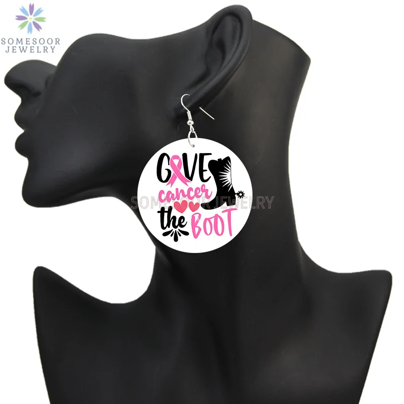 SOMESOOR October Cancer Awareness Month Designs Wooden Drop Earring For Women Gifts Peave Love Hope Cure Print Ear Loops Dangle