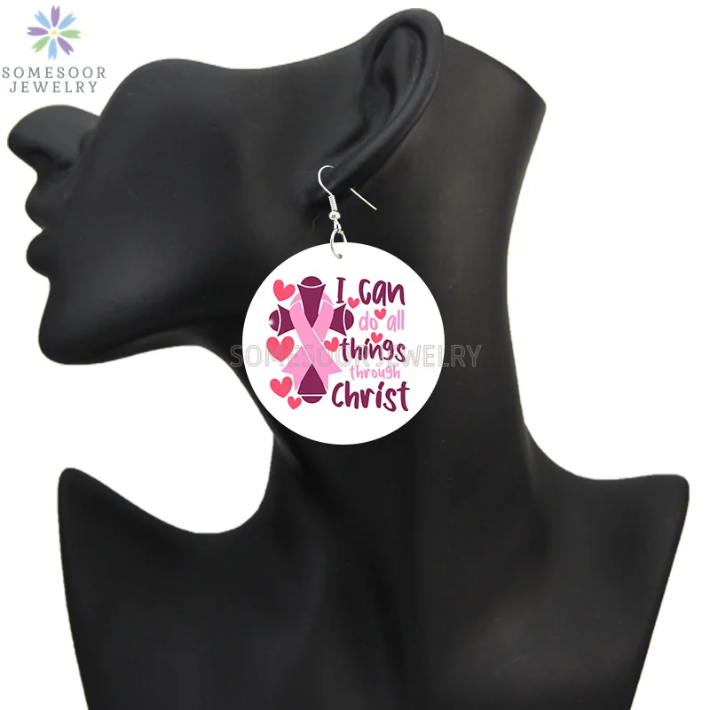 SOMESOOR October Cancer Awareness Month Designs Wooden Drop Earring For Women Gifts Peave Love Hope Cure Print Ear Loops Dangle